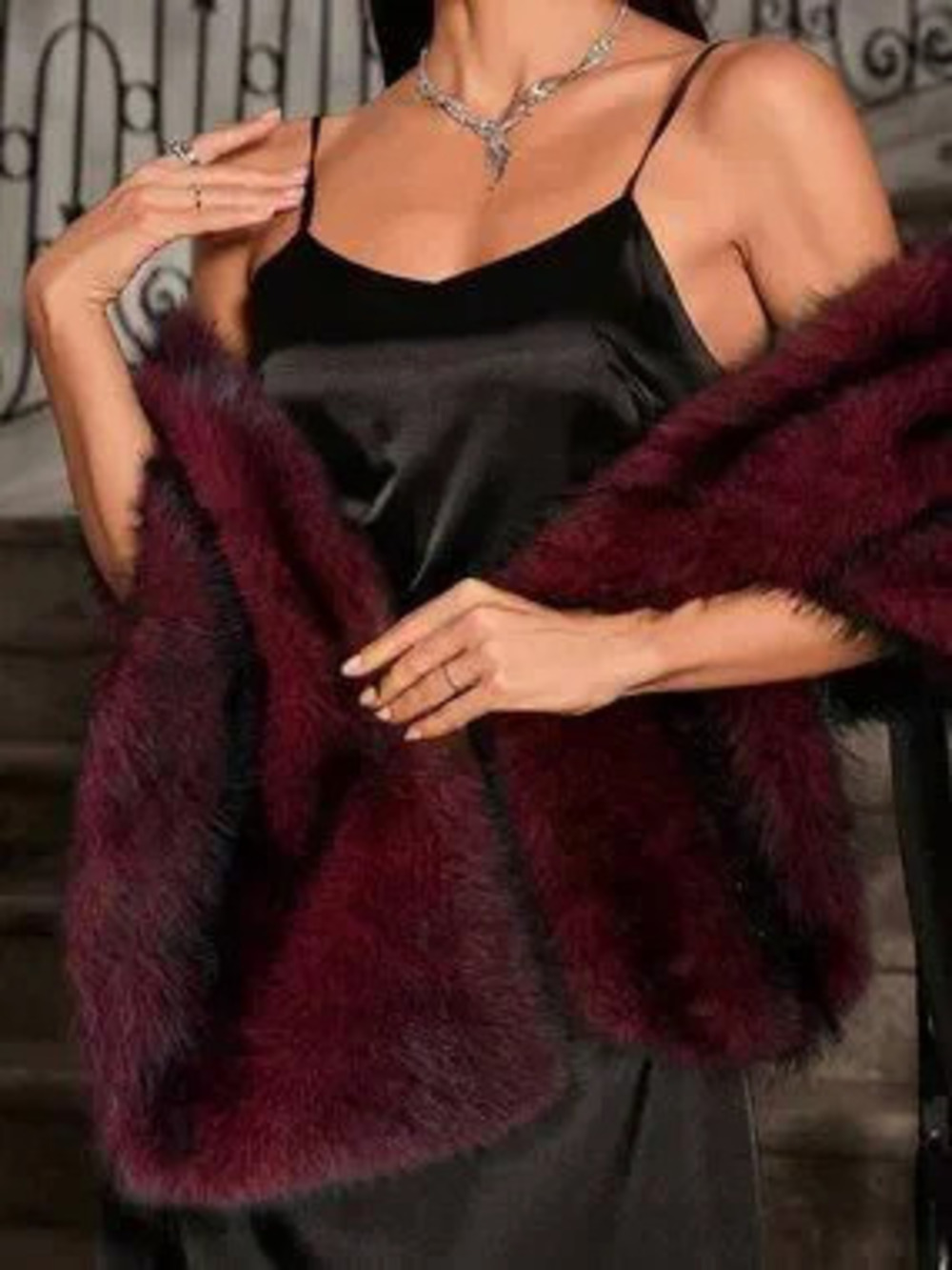 Burgundy Casual Women's Sexy Faux Fur Cape